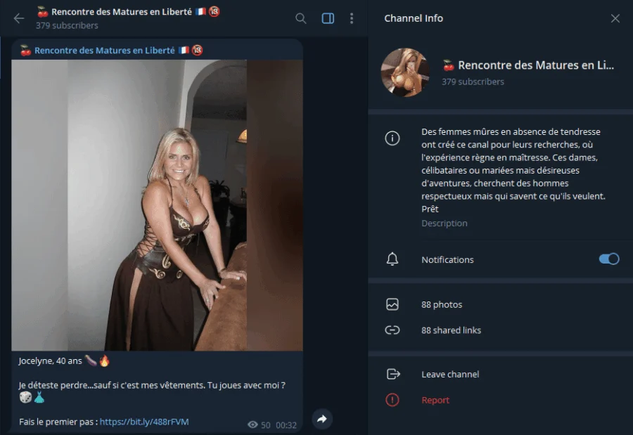 Aperçu du groupe Telegram Rencontre des Matures en Liberté